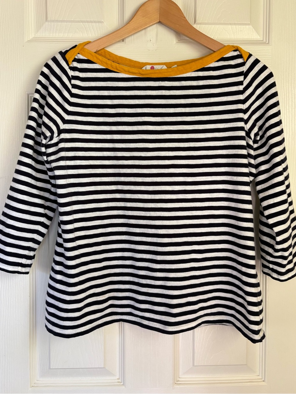 Boden navy and White Striped Top with Mustard Trim